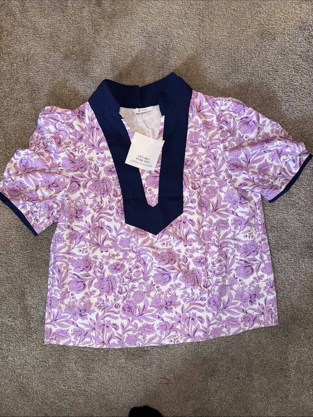 Lavender Floral Blouse with Navy Trim